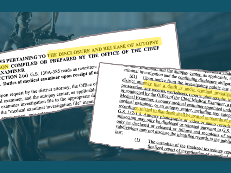 A highlighted excerpt from SB 429 revising public access to autopsy information. The text shows that “any records, worksheets, reports, photographs, tests, or analyses” related to deaths under criminal investigation will be treated as records of criminal investigations. Highlighted phrases include: “THE DISCLOSURE AND RELEASE OF AUTOPSY INFORMATION,” “any records, worksheets, reports, photographs, tests, or analyses,” and “shall be treated as records of criminal investigations.”