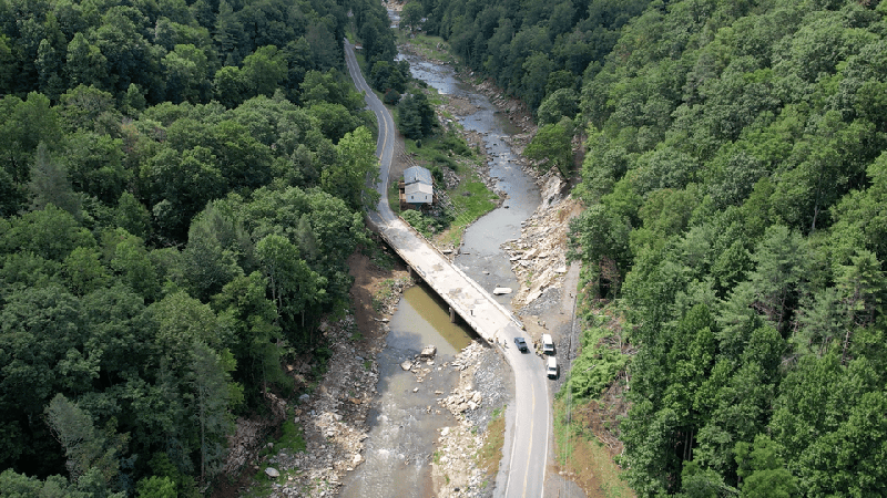 Drone footage over Chimney Rock shows flooding and damaged roads after Hurricane Helene.