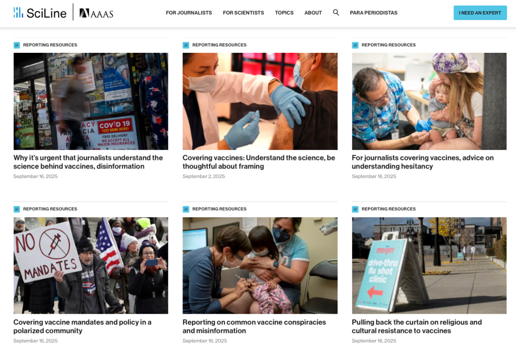 A screenshot of a grid of articles from the SciLine Vaccine Toolkit showcasing various topics related to vaccines and public health. Articles cover themes such as disinformation, scientific understanding of vaccines, advice for journalists, and community responses to vaccination efforts. The grid features images of vaccination activities, individuals receiving vaccines, and protestors advocating for vaccine mandates. 