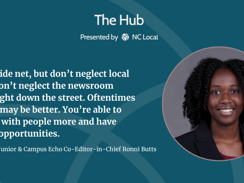 A graphic with a portrait of Ronni Butts, smiling with curly black hair. Ronni has brown skin and is wearing a black blazer. The text is her quote: "Cast a wide net, but don’t neglect local news. Don’t neglect the newsroom that’s right down the street. Oftentimes smaller may be better. You’re able to connect with people more and have diverse opportunities." The background has a blue-green design.