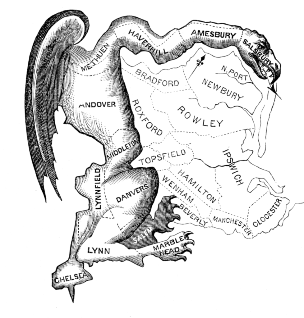 An image from 1812 showing a black and white drawing of Massachusetts that looks like a salamander