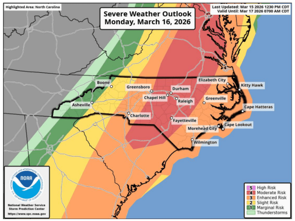 Storms, extreme wind and possible tornadoes threaten North Carolina on Monday