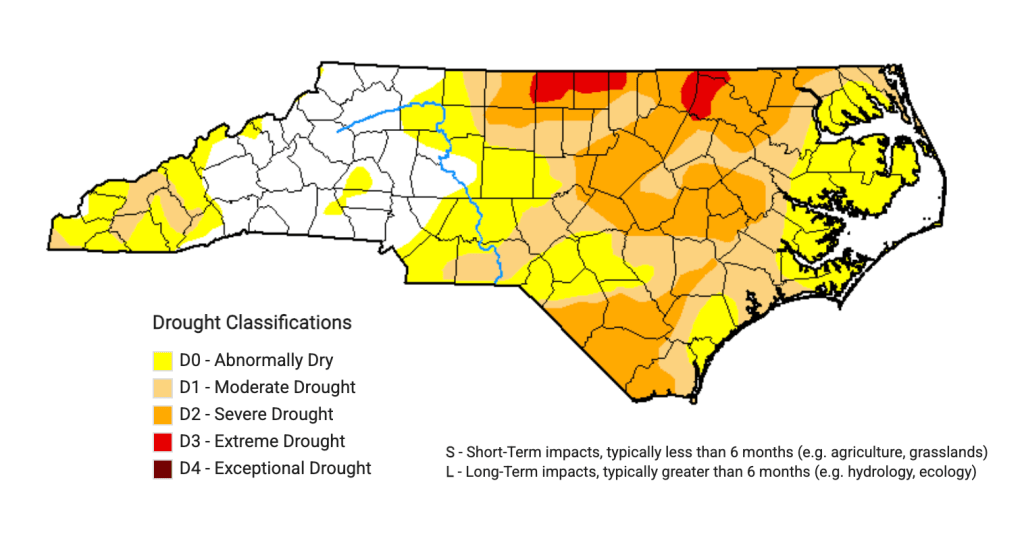 A map of drought conditions in North Carolina showing the most severe drought is concentrated near the Virginia border, as of October 202, 2026.